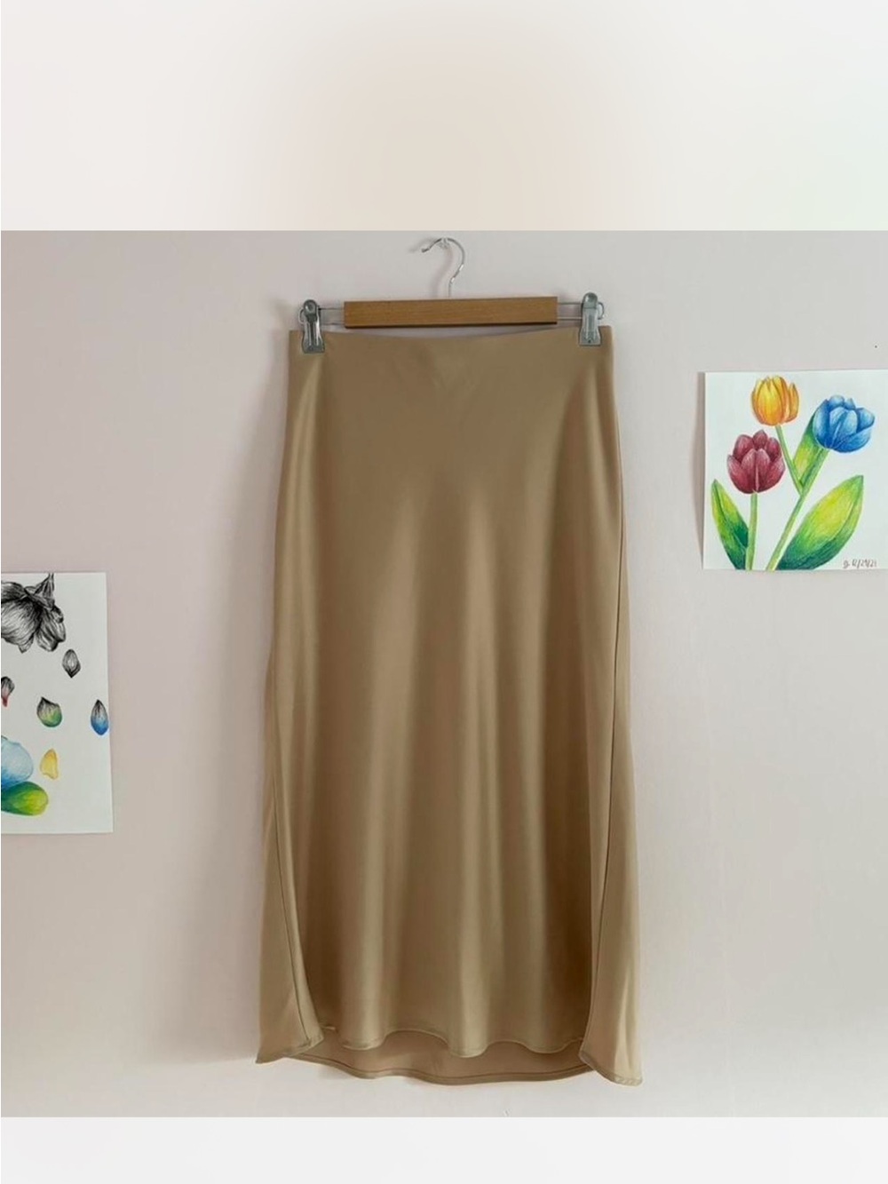 Beige Satin Midi Skirt
